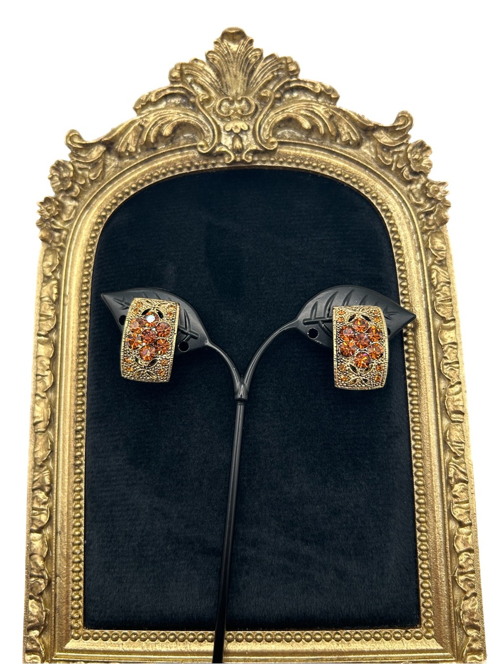 Vintage Gold Tone Clip On Earrings Amber Topaz Brown Rhinestones Half Hoop